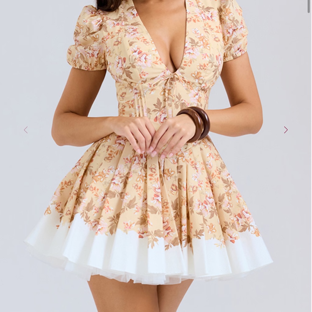 House Of Cb Floral Beige And White Mini Dress